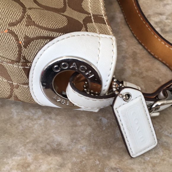 Coach Signature Slouchy Tote Signature Logo Canvas & Leather Khaki Bag purse - Picture 7 of 13